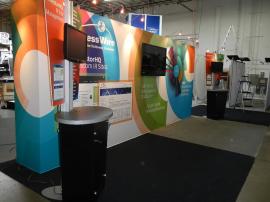 RENTAL:  Backwall with Tension Fabric Graphic, Halogen Lights, Large Monitor Mounts, RE-1223 Kiosks, and (2) RE-1238 iPad Kiosks -- Image 3
