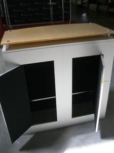 Custom eSmart Inline Convertible to (2) 10x10s. Features Vinyl Woven Panels, Lockable Storage, Puck Lighting, Monitor Mounts, and Modified ECO-31C Counter -- Image 3