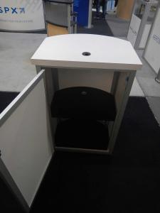 RE-1221 Curved Pedestal and RE-1256 Double-Sided Counter Kiosk