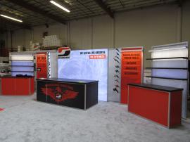 Custom Visionary Designs Exhibit with (1) VK-1968 SuperNova Lightbox, (3) Display Counters, Shevlves, Product Display Mounts, Direct and Fabric Graphics, and LED Accent Lights