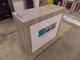 Custom Wood Counter with Locking Storage, Backlit Fabric Graphic, USB Charging Ports, and Pocket Counter Top Extension