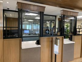 Customized Powder-coated Safety Dividers for a Bank Desk and Teller Windows
