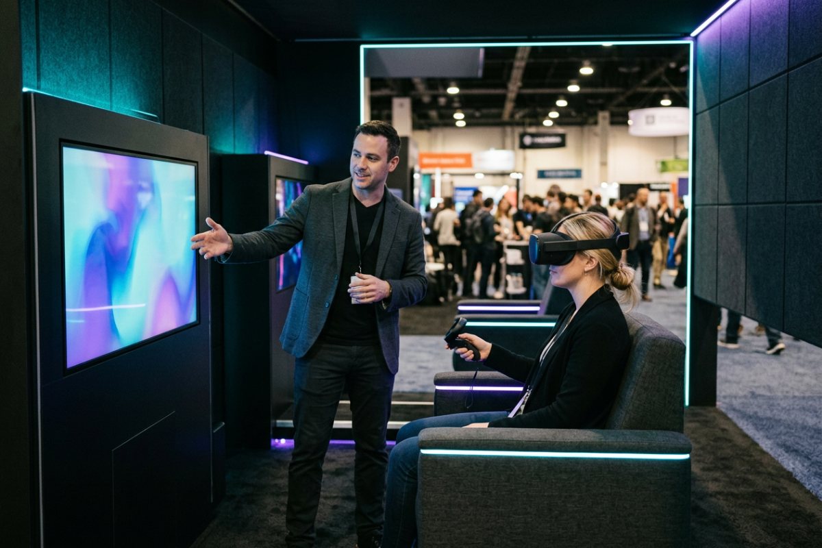 attendee using virtual reality at a trade show booth
