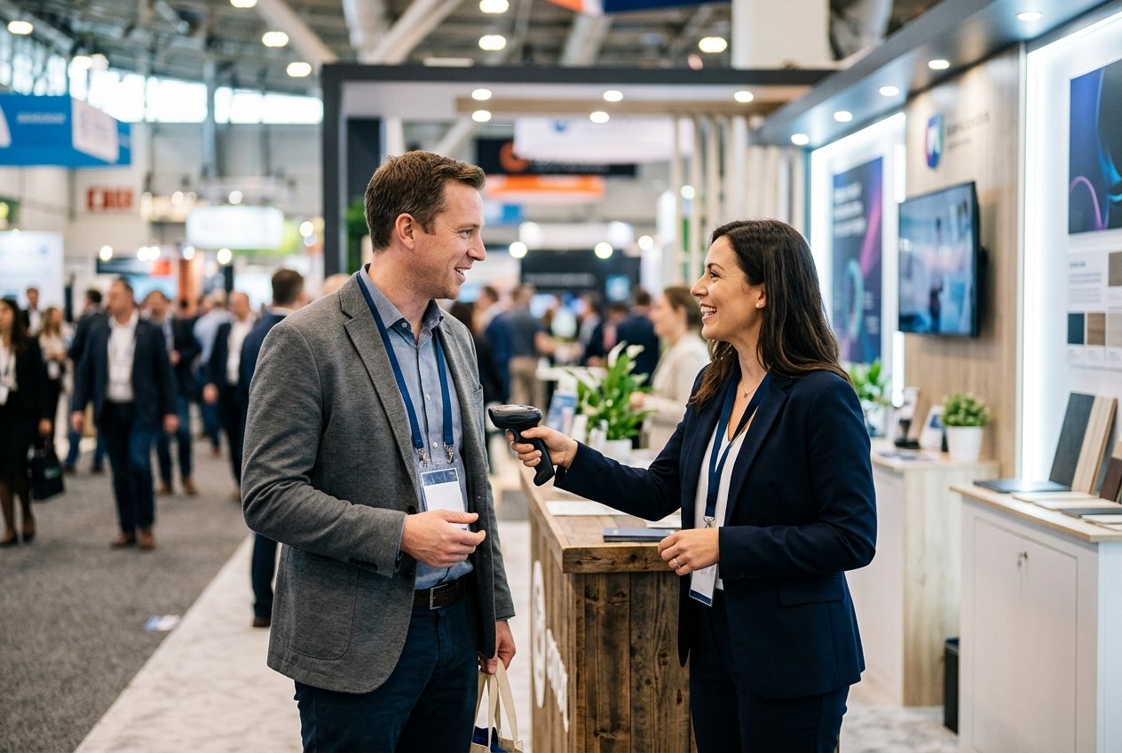 Trade show booth staff qualifying a lead in conversation