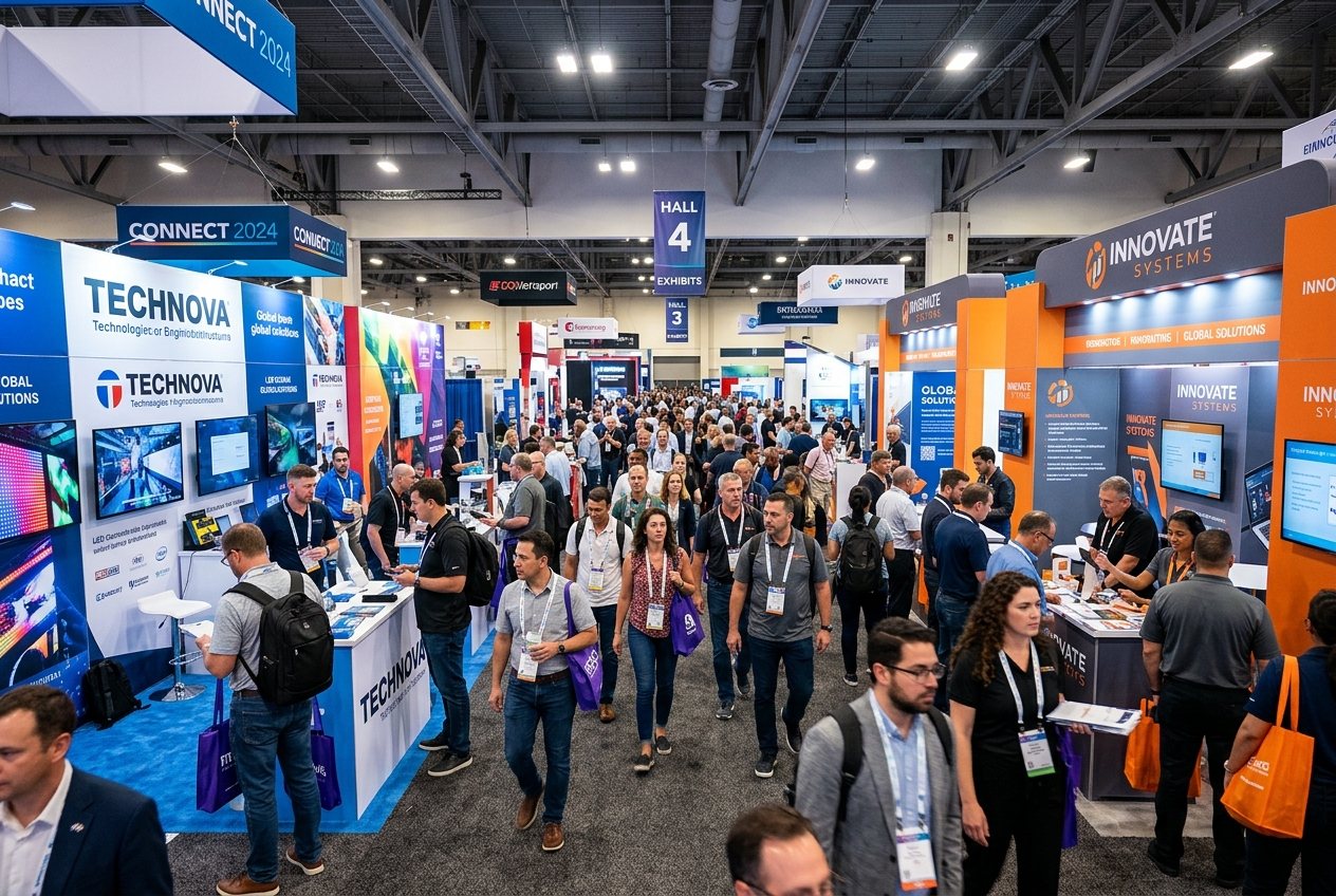 Crowded trade show exhibit hall floor for evaluating show reputation
