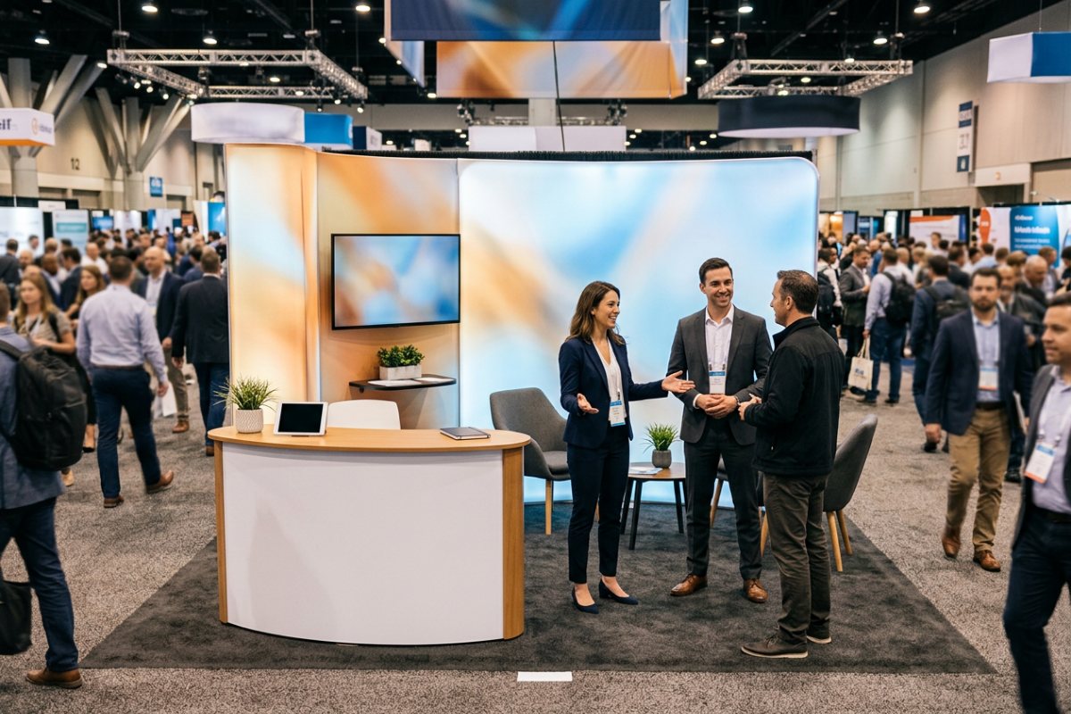 custom trade show exhibit booth with staff greeting attendees