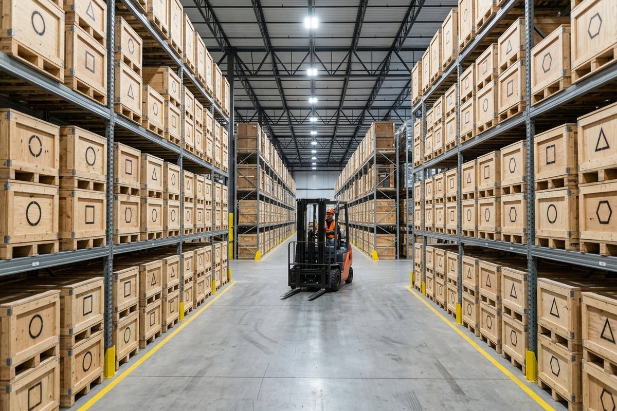 Logistics warehouse with exhibit crates on pallet racking and a forklift in the aisle