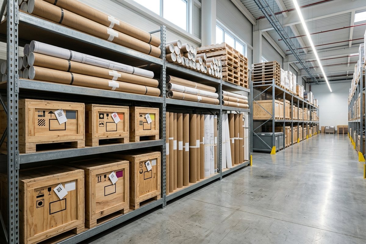 Clean dry exhibit storage warehouse with labeled crates and rolled graphics on steel shelving