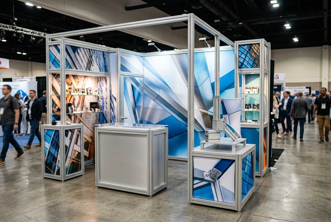 Modular aluminum-frame trade show booth with fabric graphics, a cost-efficient alternative to a custom booth