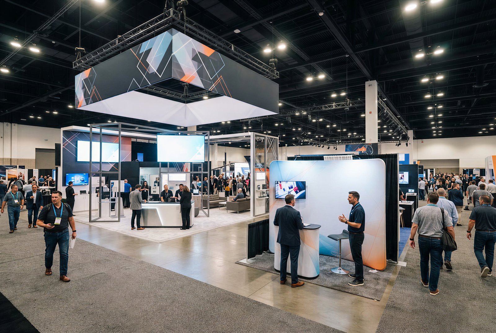 Large island trade show booth beside a small inline booth, showing how booth size affects trade show booth cost