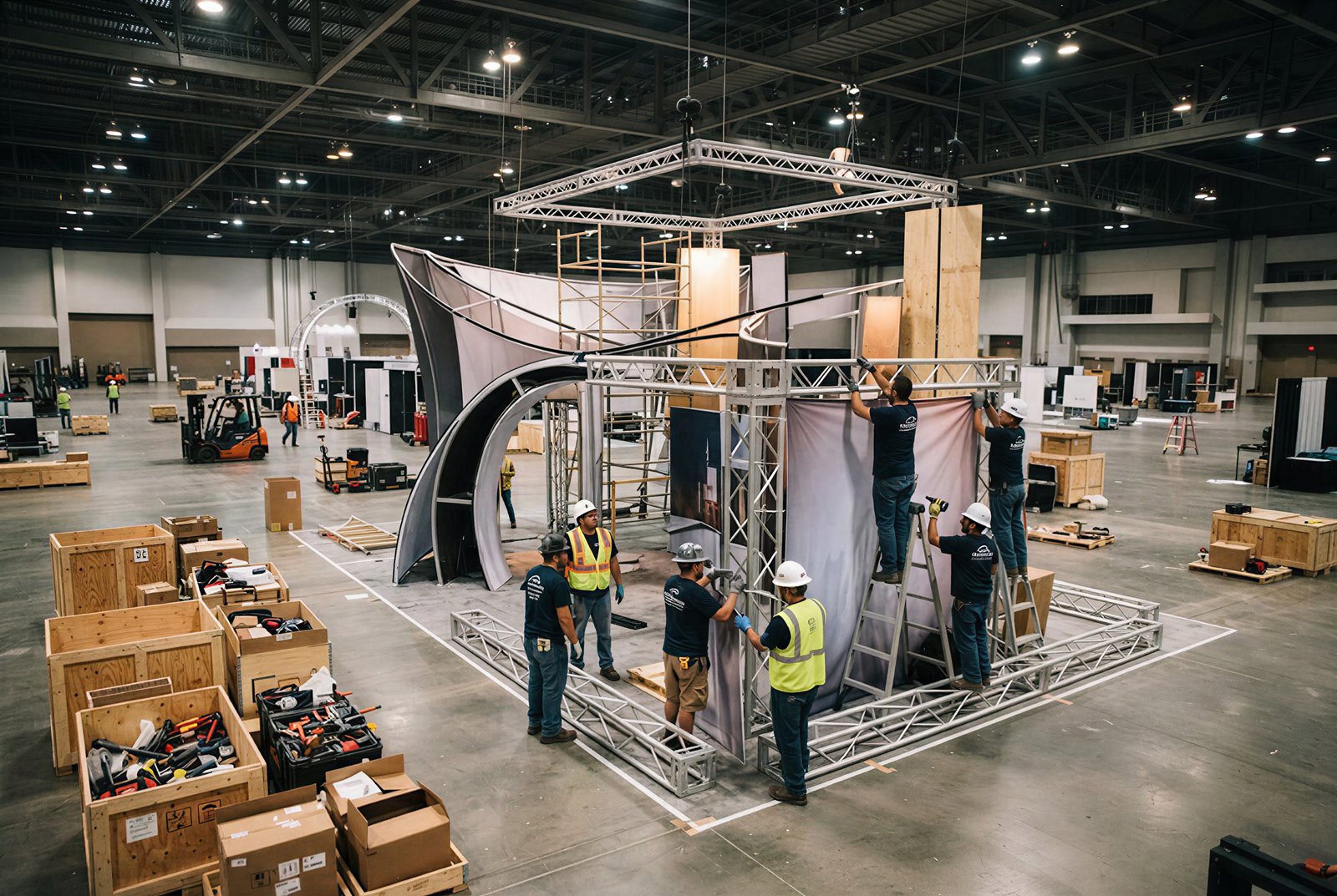 Crew installing a custom trade show booth exhibit during setup, part of trade show shipping and logistics