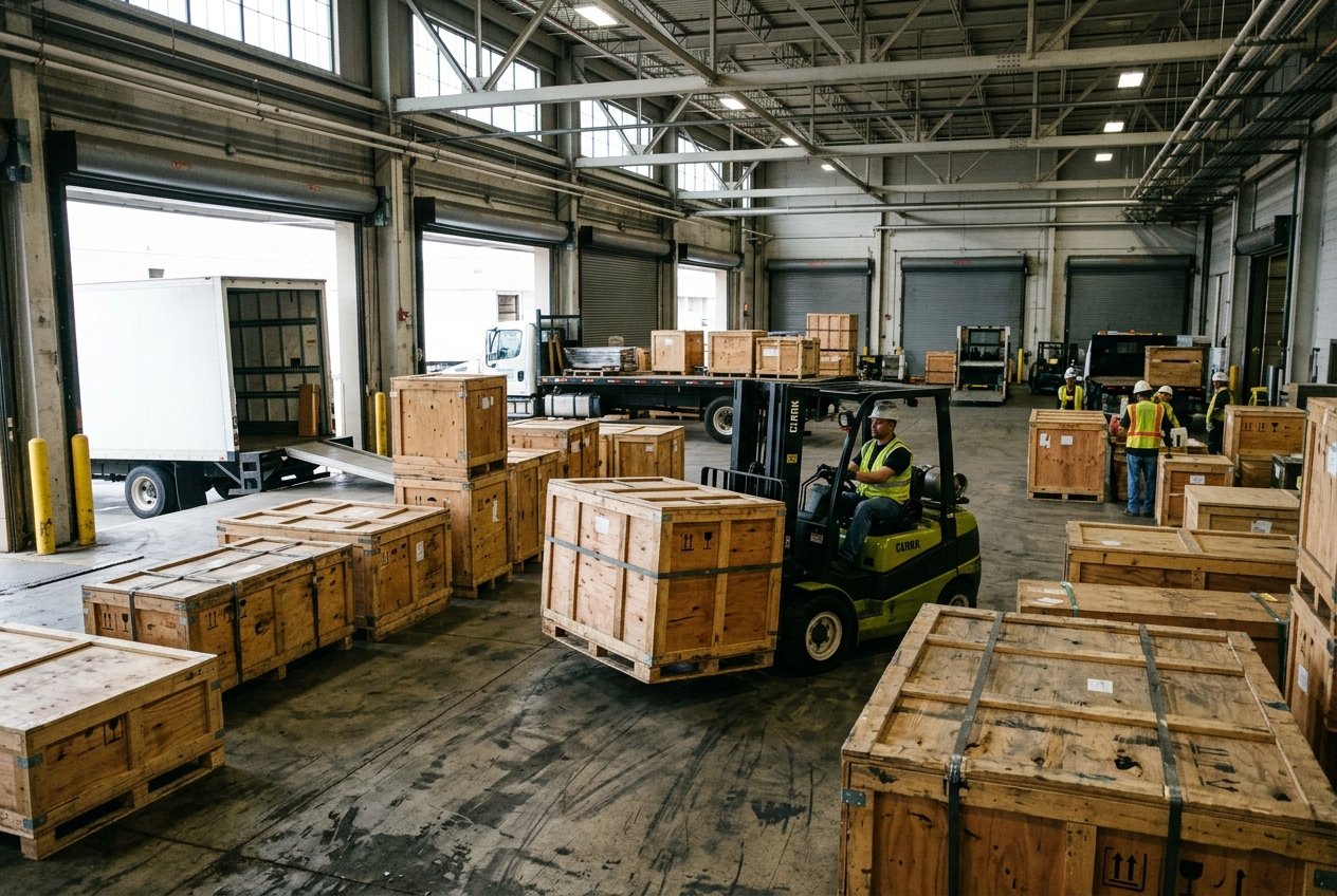 Forklift moving trade show exhibit crates on a loading dock, illustrating hidden drayage and shipping costs