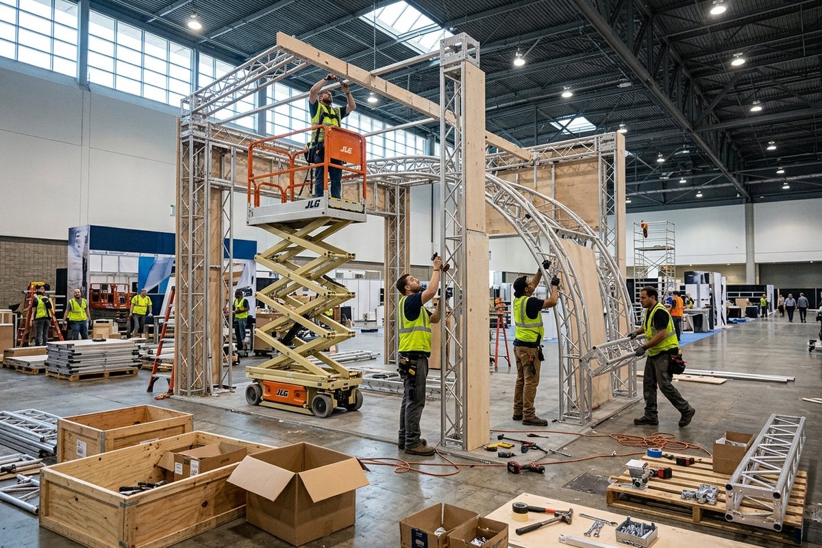 Install crew assembling a large trade show exhibit with a scissor lift on the show floor