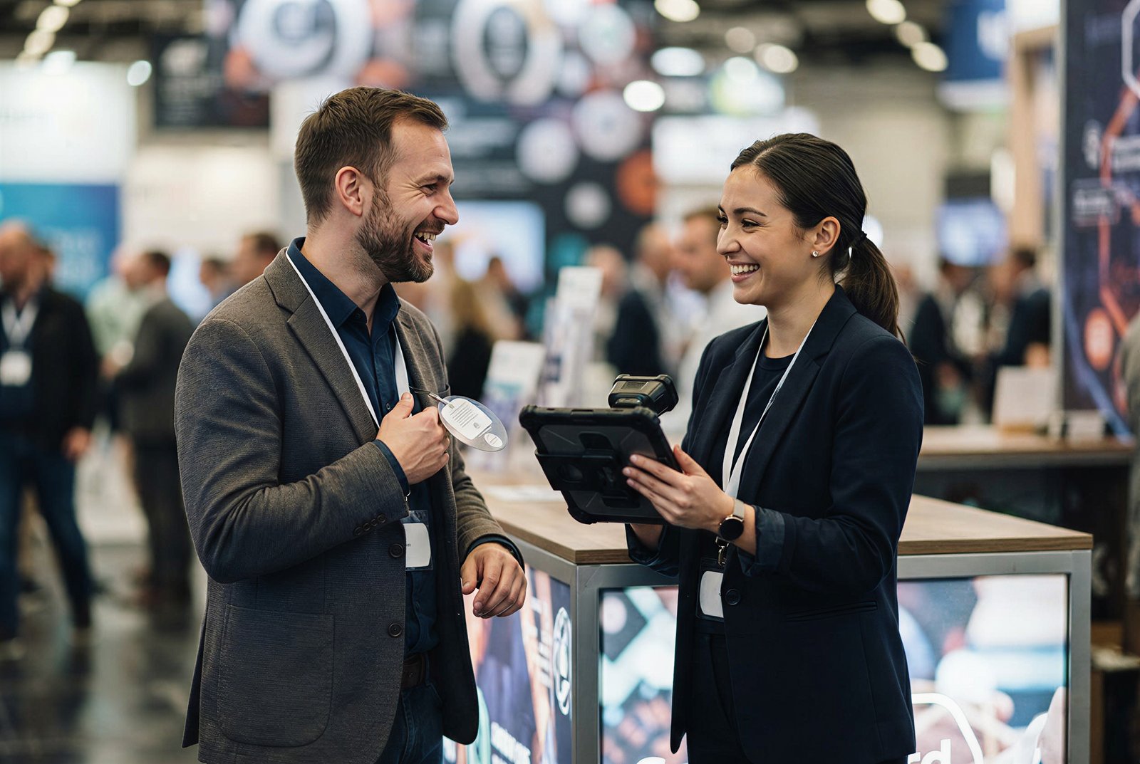 Booth staffer scanning an attendee badge for lead capture at a trade show